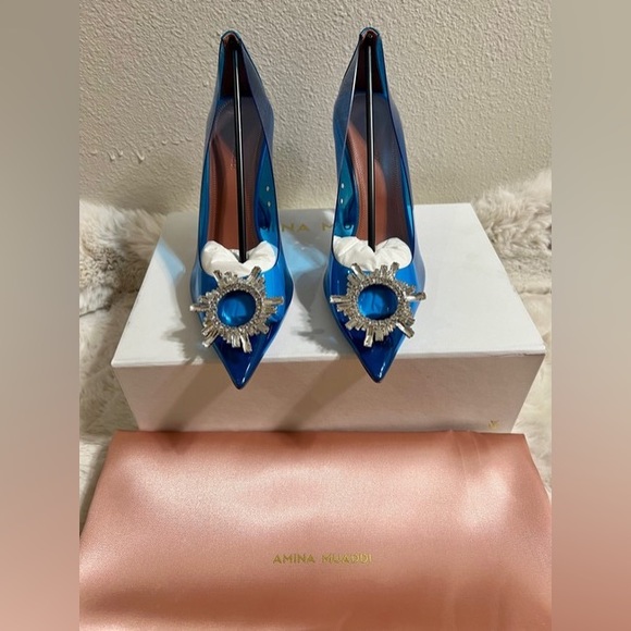 New Amina Muaddi Begum Glass Blue 95mm Pvc Pumps - Picture 7 of 10